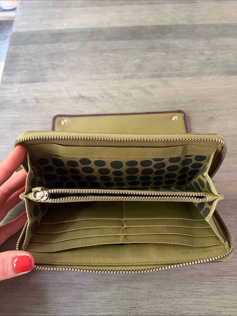 Marimekko Leather Zip Around Wallet Purple & Olive Green Polka Dot Lining - Picture 3 of 4